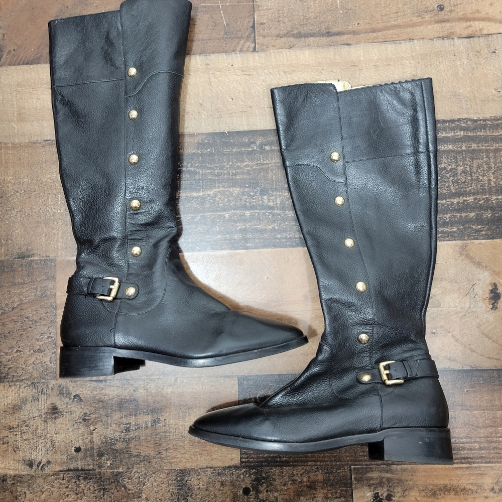 7 Black Leather Michael Michael Kors Gold Stud Riding Boots